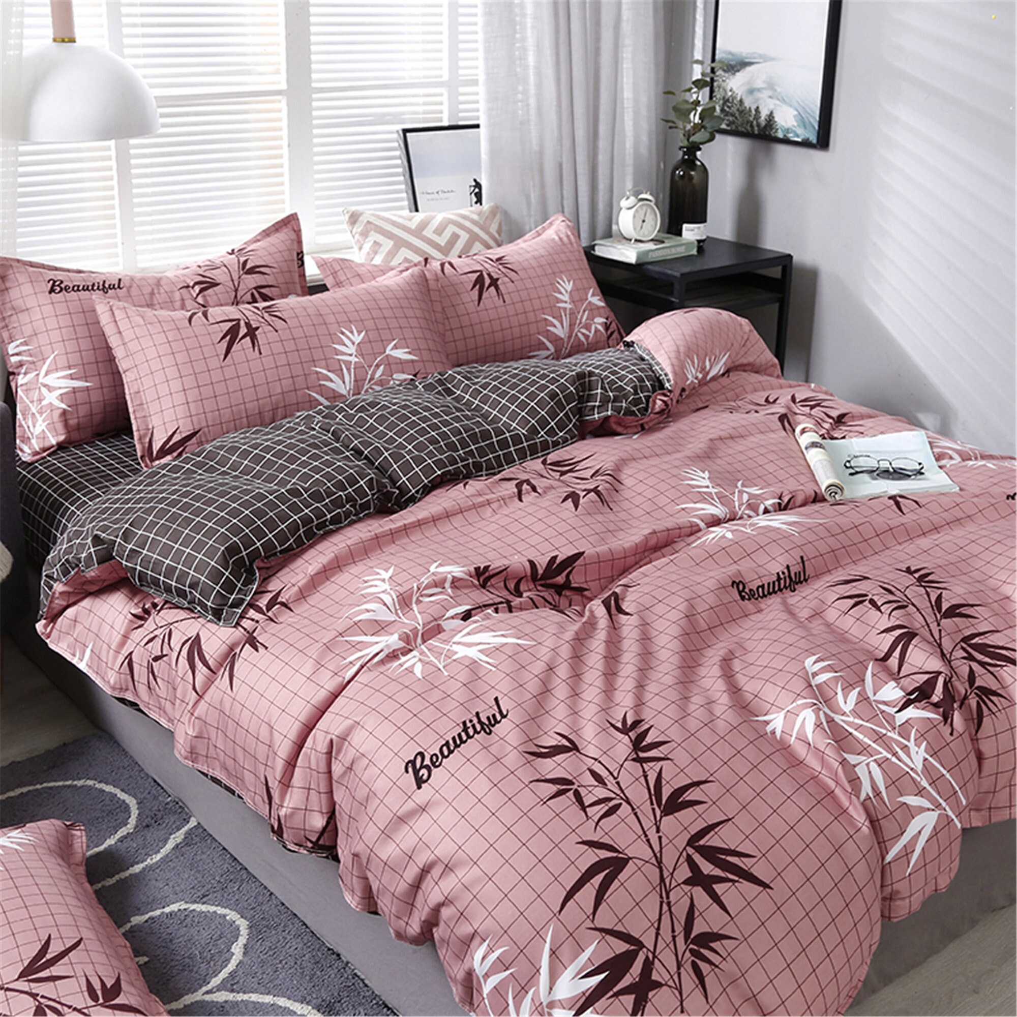 Vintage Bamboo Print Duvet Cover Concise Plaid Bedding Set Etsy