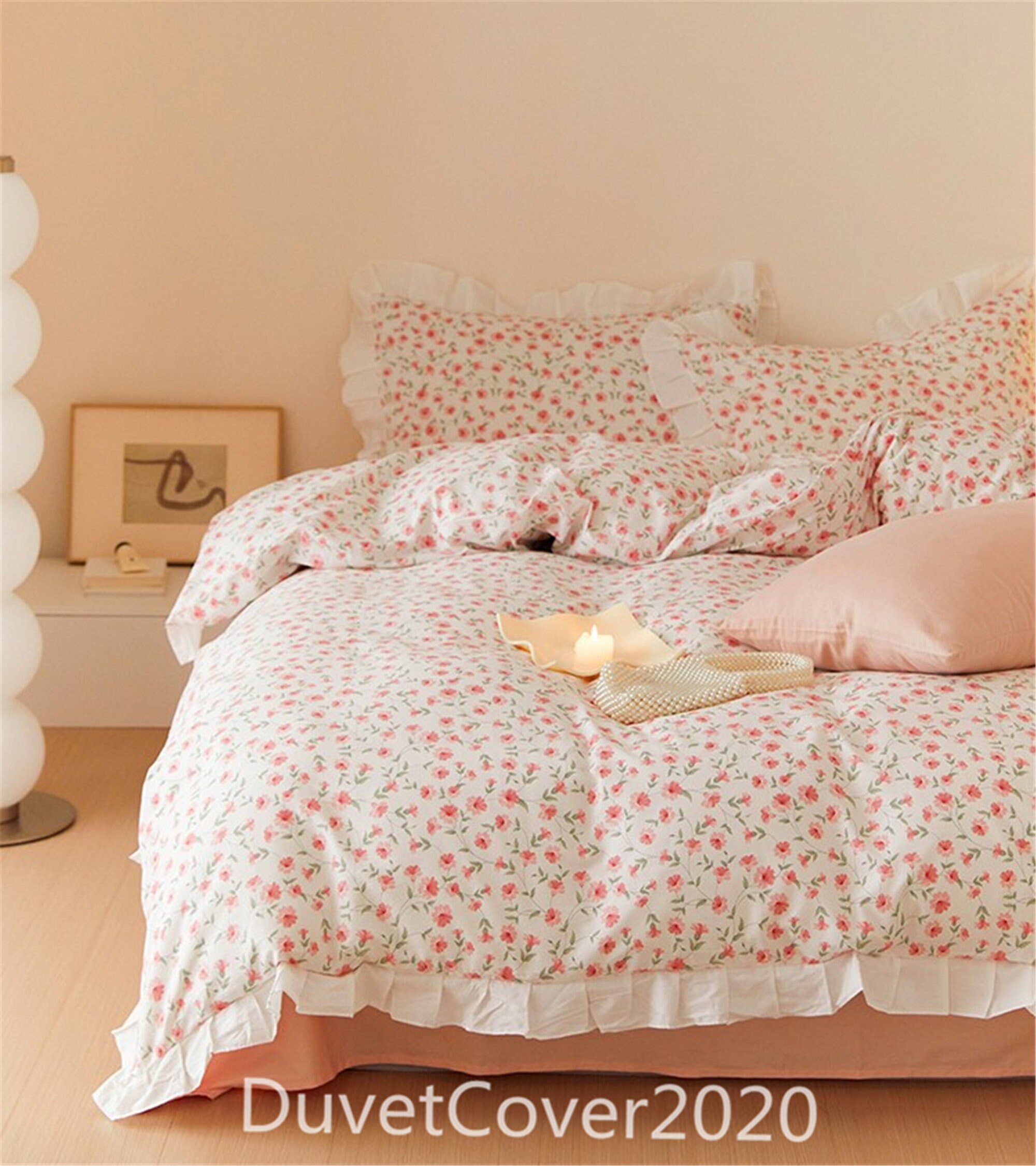 100 Cotton White Pink Floral Duvet Cover Full/queen With Etsy