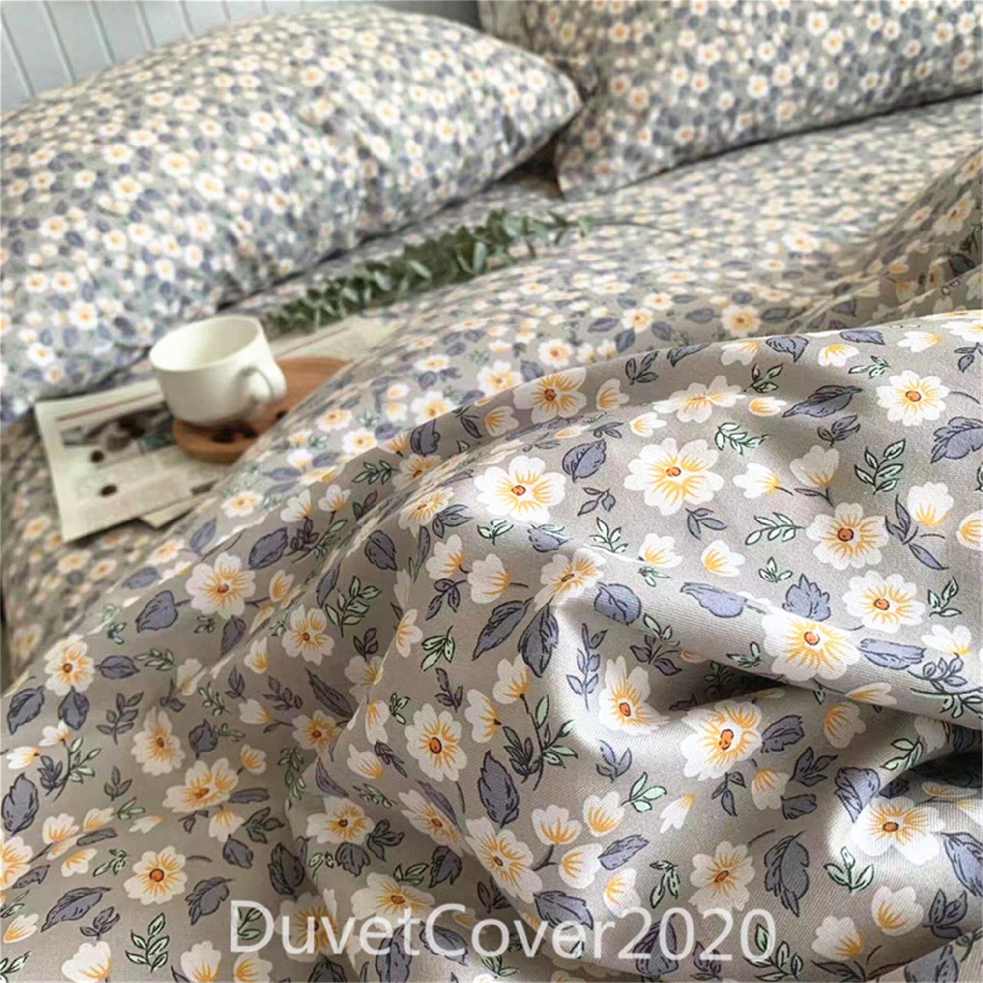 100 Cotton Gray Floral Duvet Cover Twin Full Queen King With Etsy