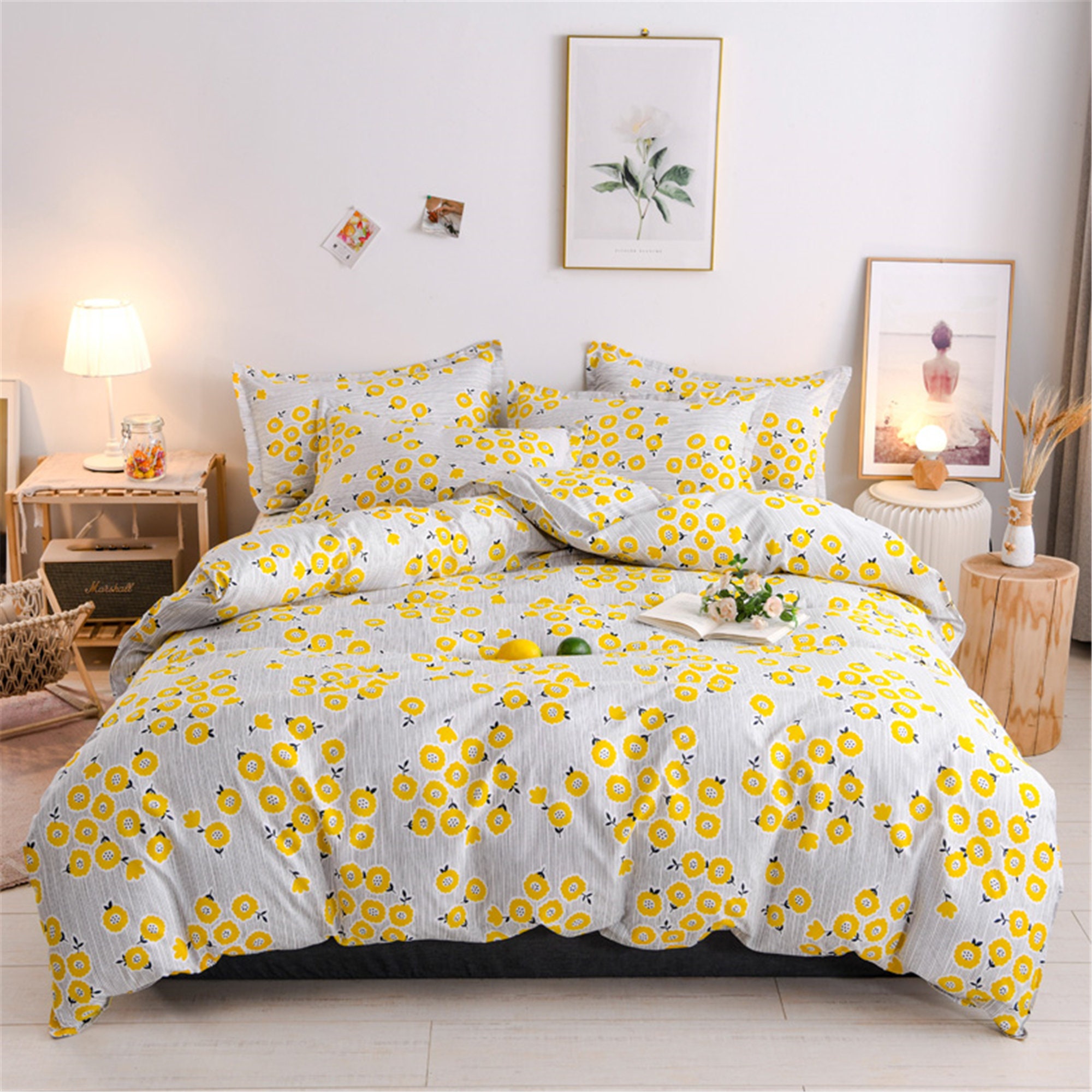 Fresh Floral Striped Duvet Cover Yellow Bedding Set Queen King Etsy