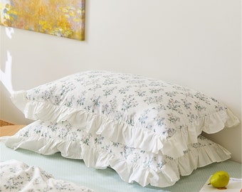 Cotton Ruffled Floral Pillowcases,100% Cotton Floral Pillow Shame,Ruffle Pillowcases