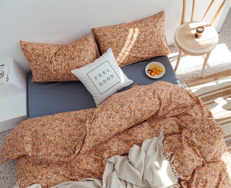 100 Cotton Duvet Cover Floral Orange Fresh Duvet Cover Queen Etsy