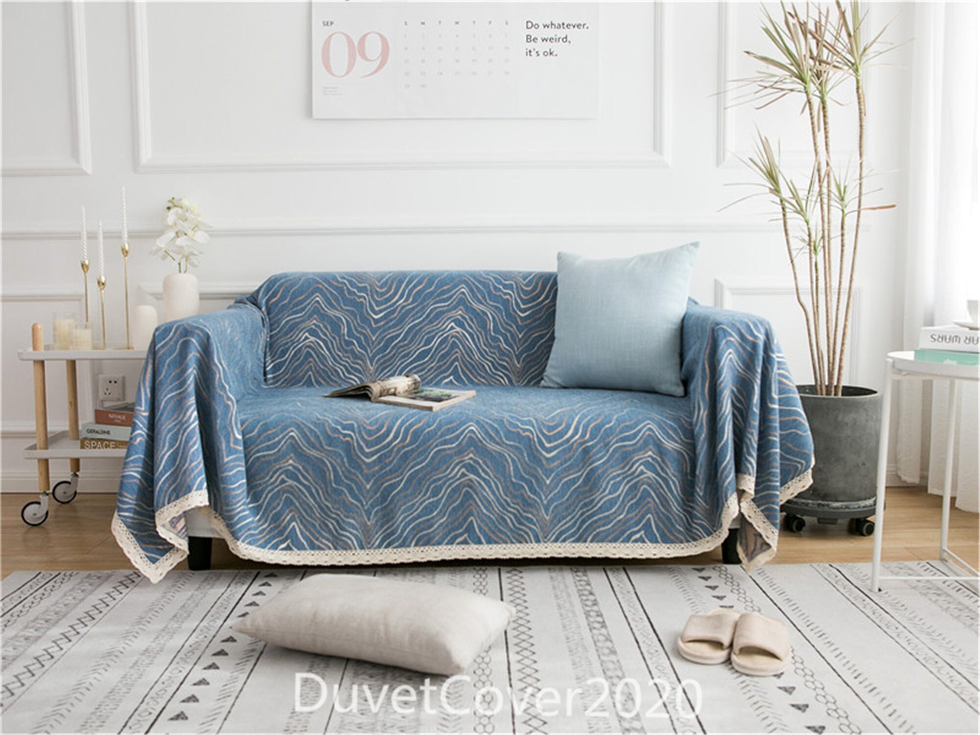 Navy Blue Chenille Sofa Coverminimalist Couch Coversvintage Etsy