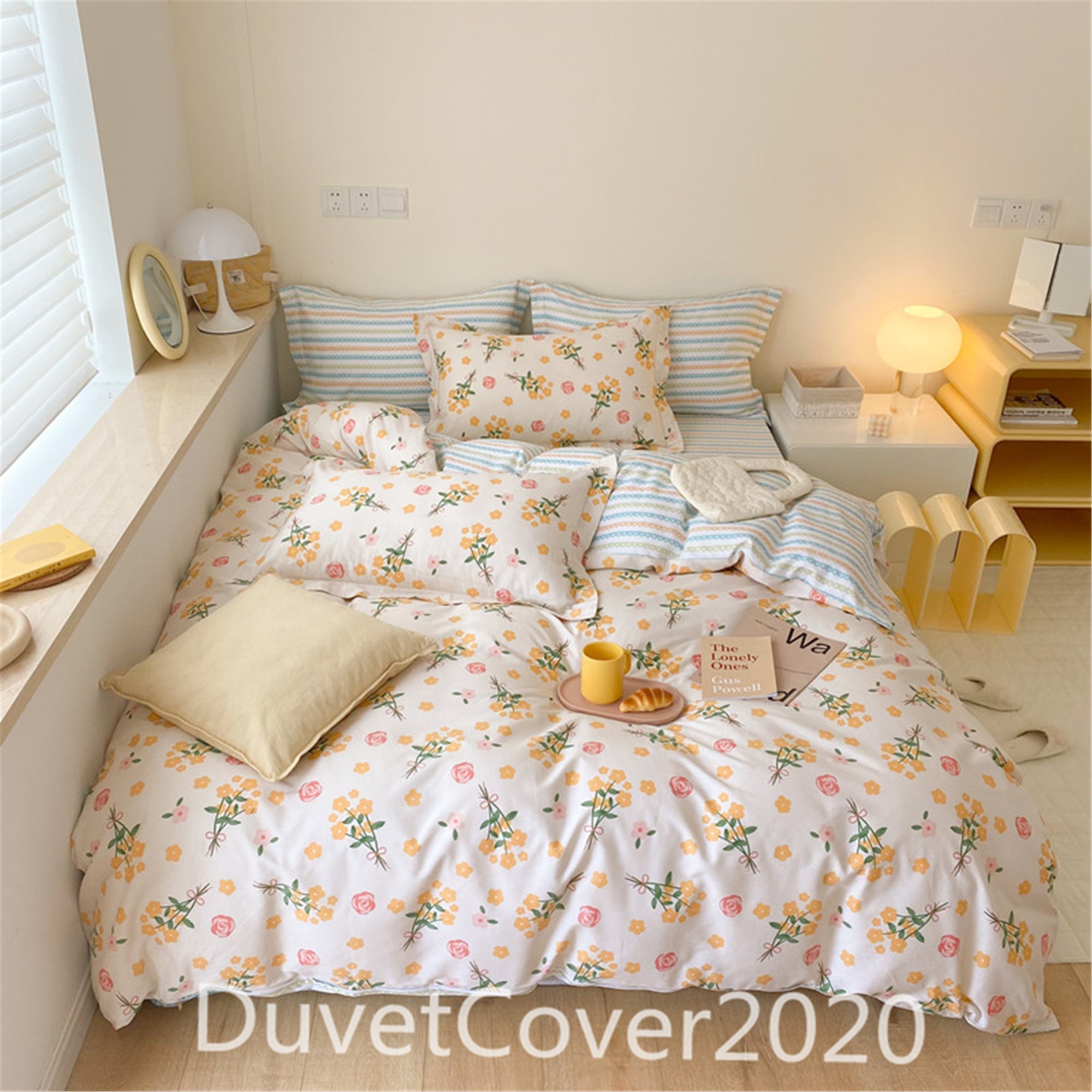 100 Cotton White Duvet Cover Twin Full Queen King With Yellow Etsy