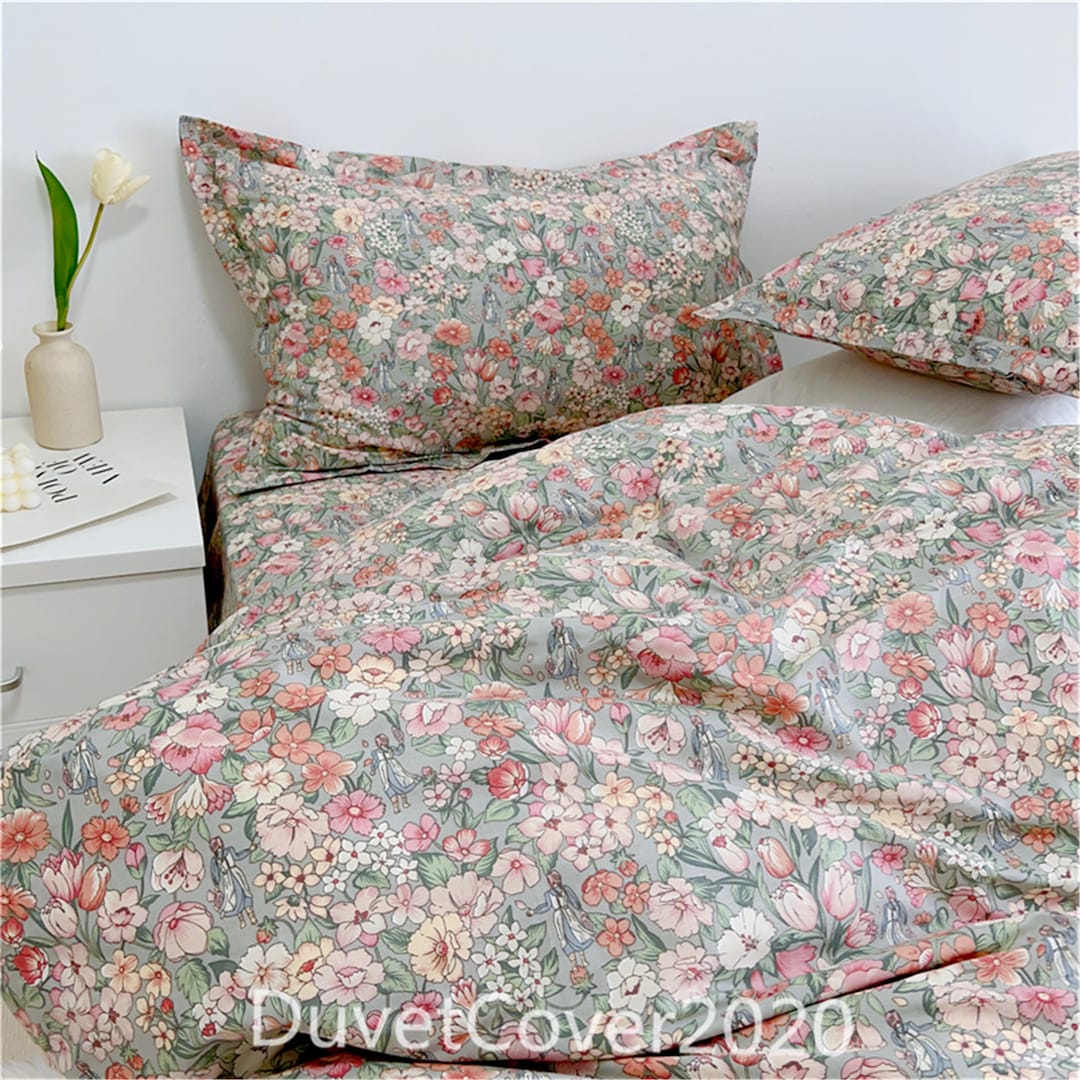 Retro Gray Floral Duvet Cover Queen/twin/full/king,cotton Duvet Covers