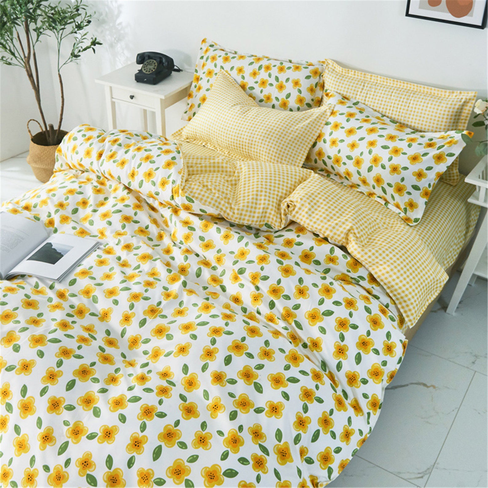 Fresh Yellow Floral Plaid Duvet Cover Twin Queen King Single Etsy