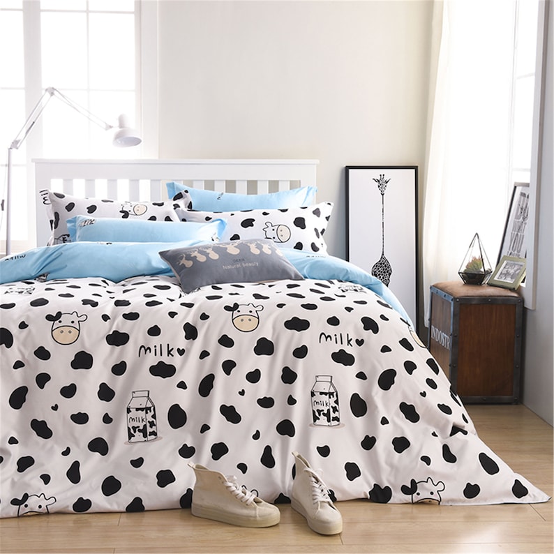 Cute Cow Print Polka Dot Duvet Cover Queen White Twin Bedding Etsy