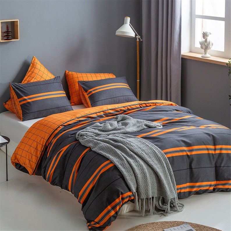 Gray Orange Striped Vintage Duvet Cover Queen King Twin Duvet Etsy