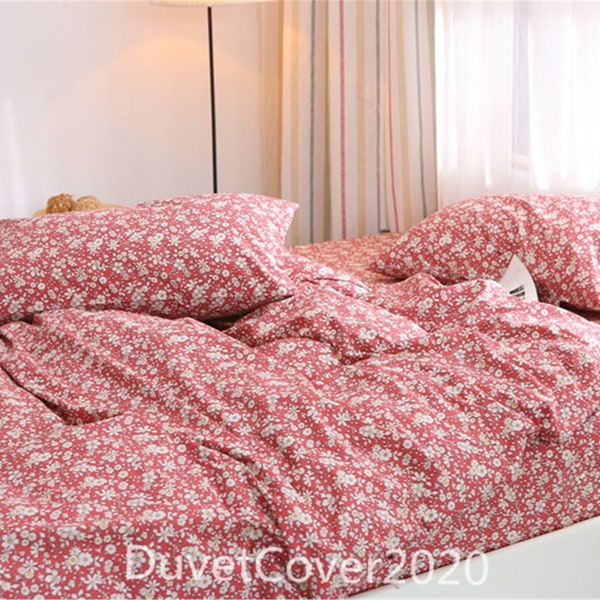 Dark Red 100% Cotton Duvet Cover Twin/Full/Queen/King,Customized Size Floral Duvet Covers Bedding Set,Quilt Cover Cotton Pillowcases,Bed Set