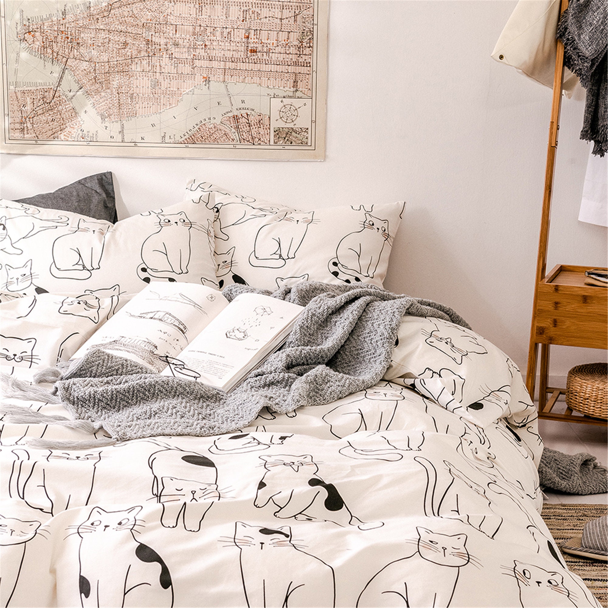 Lovely White Cat Print Duvet Cover 100 Cotton Soft Duvet Etsy UK