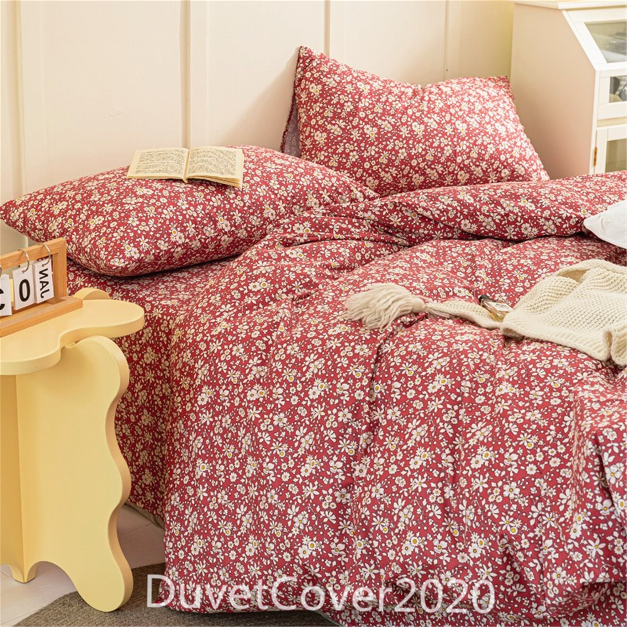 Red Floral Duvet Cover Twin/full/queenbedding Set Etsy