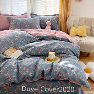 Duvet Covers Customize Dusty Blue Floral Pink Plaid Duvet Cover Twin/Full/Queen/King,100% Cotton Dorm Bedding Set,Quilt Cover,Shame Cover