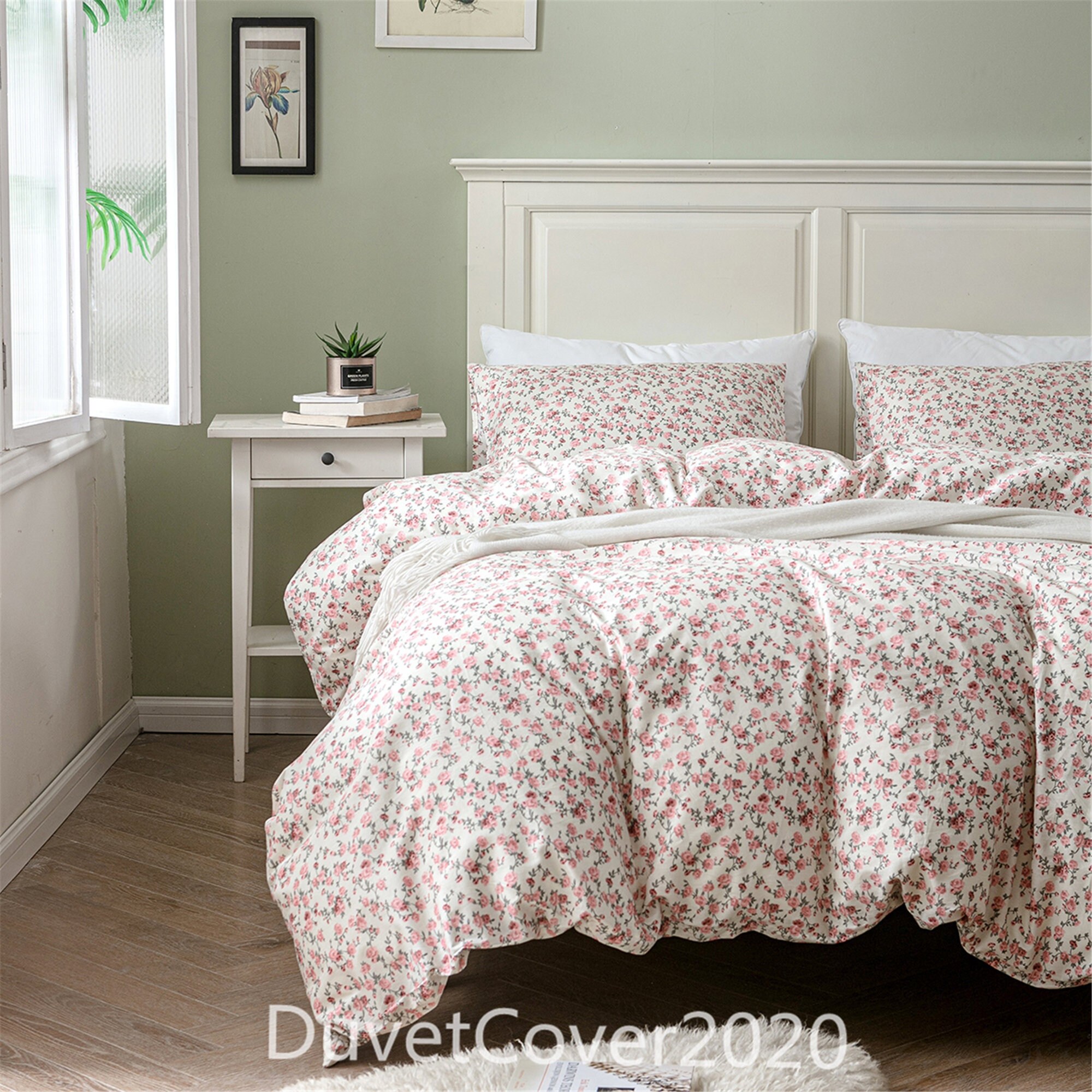 Cover 4 Pillow cases & Fitted Sheet Beautiful Pink Floral Double Bed Duvet Set 