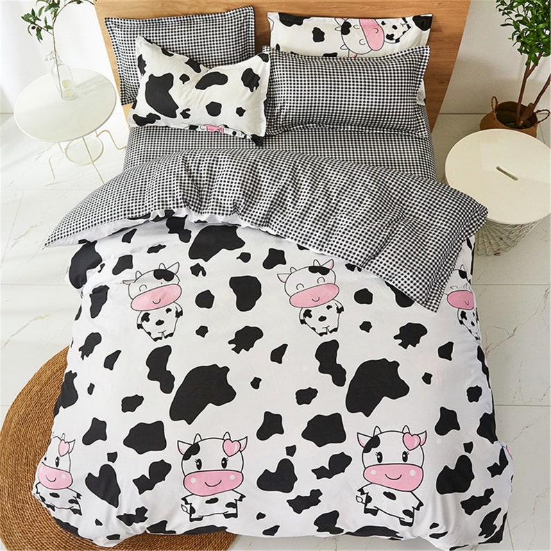 White Cow Print Plaid Duvet Cover Double Side Bedding Set 4pc Etsy