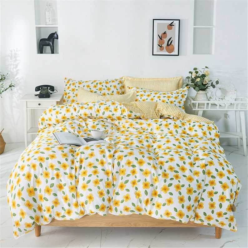 Fresh Yellow Floral Plaid Duvet Cover Twin Queen King Single Etsy