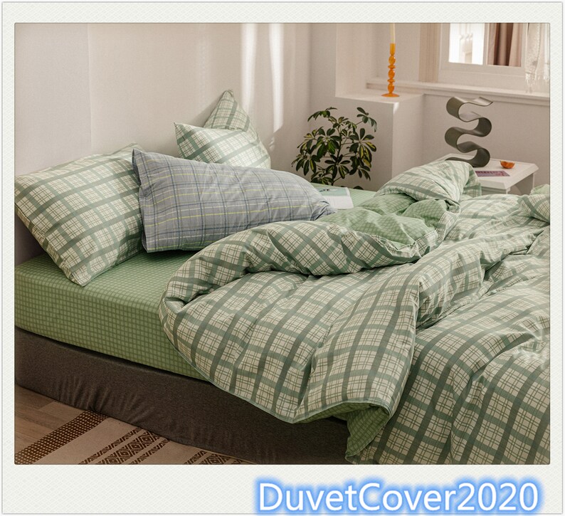 Fresh Green Plaid Duvet Cover Cottonduvet Covers Twin Queen Etsy