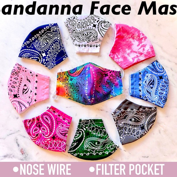 Bandanna Face Mask / Face Mask With Nose Wire /  Face Mask with Nose Wire & Filter Pocket / Bandana Face Mask