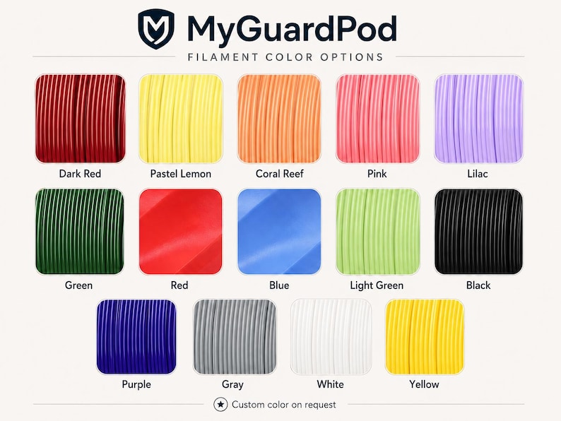 May include: A MyGuardPod filament color chart displaying fifteen distinct color swatches including dark red, pastel lemon, coral reef, pink, lilac, green, red, blue, light green, black, purple, gray, white, and yellow, with a custom color option.