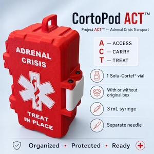 May include: A red CortoPod ACT™ emergency kit for adrenal crisis transport. The kit contains a Solu-Cortef® vial, a 3 ml syringe, and a separate needle. The kit is labelled with the words "ADRENAL CRISIS" and "TREAT IN PLACE".