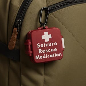 Könnte beinhalten: Ein quadratisches, dunkelrotes Kunststoff-Medikamentenetui mit einem weißen Kreuzsymbol und dem in Weiß aufgedruckten Text "Seizure Rescue Medication". Das Etui verfügt über einen schwarzen Karabinerhaken an der Oberseite zur Befestigung.