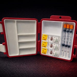 Può includere: Kit medico rosso e bianco aperto, che rivela scomparti organizzati. Il kit contiene siringhe con tappi arancioni, pacchetti gialli e bende arrotolate. L'esterno è rosso e l'interno bianco.