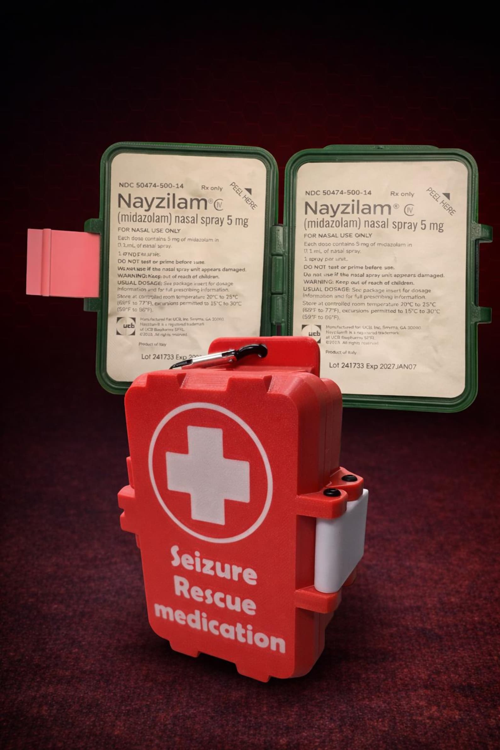 Nayzilam Case for 2 Doses – Seizure Rescue Medication Holder – Hard Protective Case with Carabiner – Epilepsy Emergency Kit