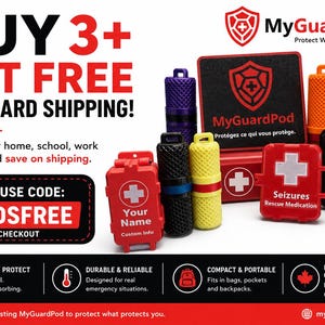 May include: A collection of MyGuardPod emergency medication cases in various colors including red, black, yellow, orange, and purple. The cases feature white cross symbols, text such as Your Name, Seizures Rescue Medication, and Naloxone, and a logo.
