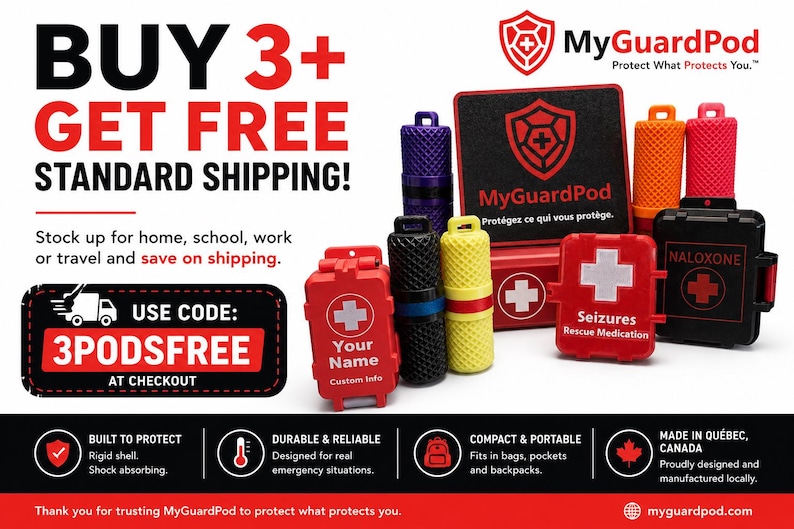 May include: A collection of MyGuardPod emergency medication cases in various colors including red, black, yellow, orange, and purple. The cases feature white cross symbols, text such as Your Name, Seizures Rescue Medication, and Naloxone, and a logo.
