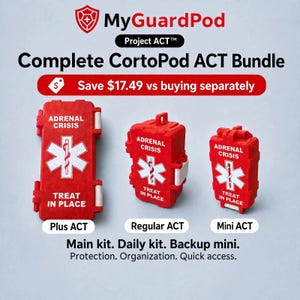 May include: The MyGuardPod Project ACT Complete CortoPod ACT Bundle includes three red rectangular medical cases labeled Plus ACT, Regular ACT, and Mini ACT. Each case features the text ADRENAL CRISIS and TREAT IN PLACE with a white star of life symbol.