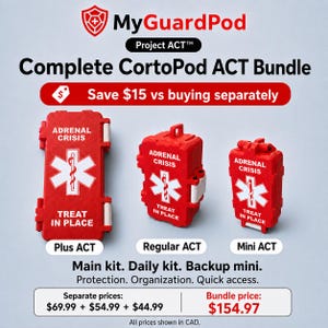 Op de afbeelding: Drie rode rechthoekige medische opbergdozen met het label MyGuardPod Project ACT Complete CortoPod ACT Bundle. Elke doos bevat de tekst ADRENAL CRISIS en TREAT IN PLACE met een wit medisch stersymbool. Inclusief Plus ACT, Regular ACT en Mini ACT.