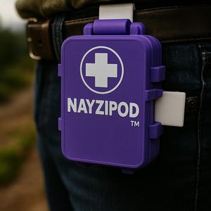 May include: A purple first aid kit clipped to a belt. The kit has a white cross symbol and the word "NAYZIPOD" in white text. The kit is attached to a belt with a white clip.