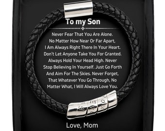 To My Son - Never Fear - From Mom - Vegan Leather Bracelet, Mother to Son Gift, For Son From Mom Bracelet, Son Unique Sentimental Gifts