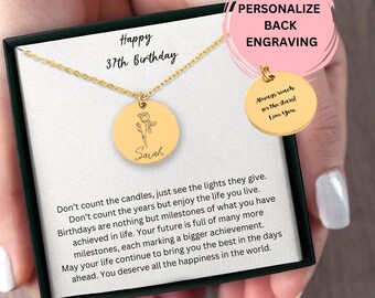 Personalized 37th Birthday Name Necklace With Birth Flower, Birth Month Birthday Necklace 37th Birthday Friend, Coworker Birthday Necklace