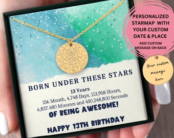 Happy 13th Birthday Custom Star Map By Date,  Happy 13th Birthday Of Being Awesome, Gift 13th Birthday Daughter Niece Granddaughter Necklace