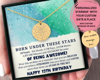 Happy 13th Birthday Custom Star Map By Date,  Happy 13th Birthday Of Being Awesome, Gift 13th Birthday Daughter Niece Granddaughter Necklace