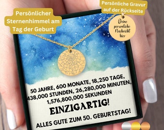 50. Geburtstag Geschenk Für Sie, Persönliche Sternenkarte Zum 50. Geburtstag, Sternenhimmel Tag Der Geburt, Halskette Schmuck 50 Geburtstag