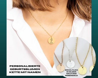 Personalisierte Halskette, Kombinierte Geburtsblumen Kette Mit Namen und benutzerdefinierten Text, Familie Kette in Silber, Gold, Rosengold