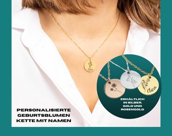 Personalisierte Geburtsblumen Kette, Geburtsblumen Anhänger aus  Silber oder 18K vergoldet, Personalisiertes Weihnachtsgeschenk, Geburtstag