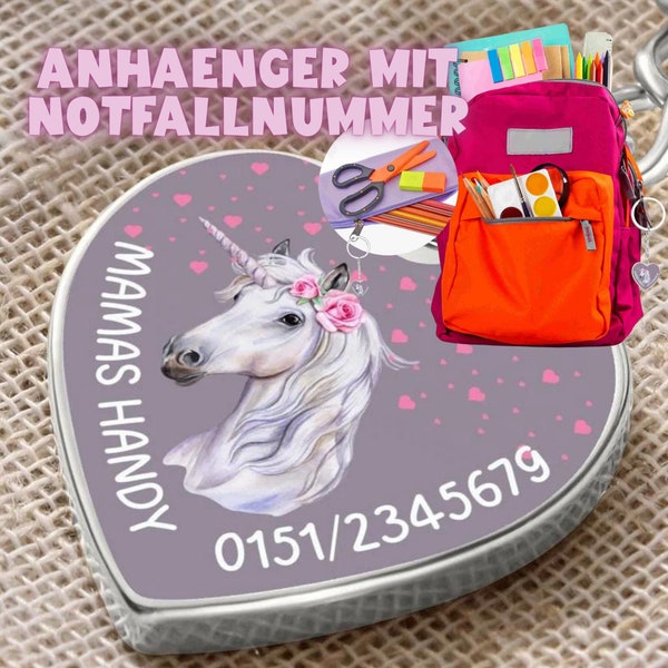 Notfallnummer Anhänger Einhorn, Geschenk Zur Einschulung, Kindergarten, Anhänger Schultasche, Schulranzen Notfallnummer, Zum Schulanfang