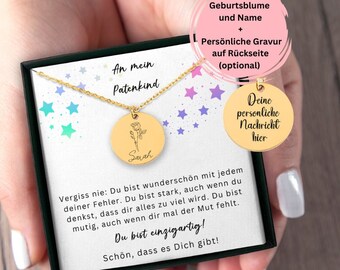 An Mein Patenkind Geschenk, Patenkind Patin Personalisierte Halskette Geburtsblume Mit Namen, Halskette Mit Gravur, Geburtstag Weihnachten