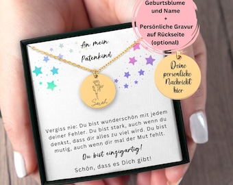 An Mein Patenkind Geschenk, Patenkind Patin Personalisierte Halskette Geburtsblume Mit Namen, Halskette Mit Gravur, Geburtstag Weihnachten