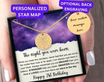21st Birthday Gift Personalized Star Map Necklace, Gift 21st Birthday Girl, 21st Birthday Gift For Daughter, Granddaughter, Niece Turning 21