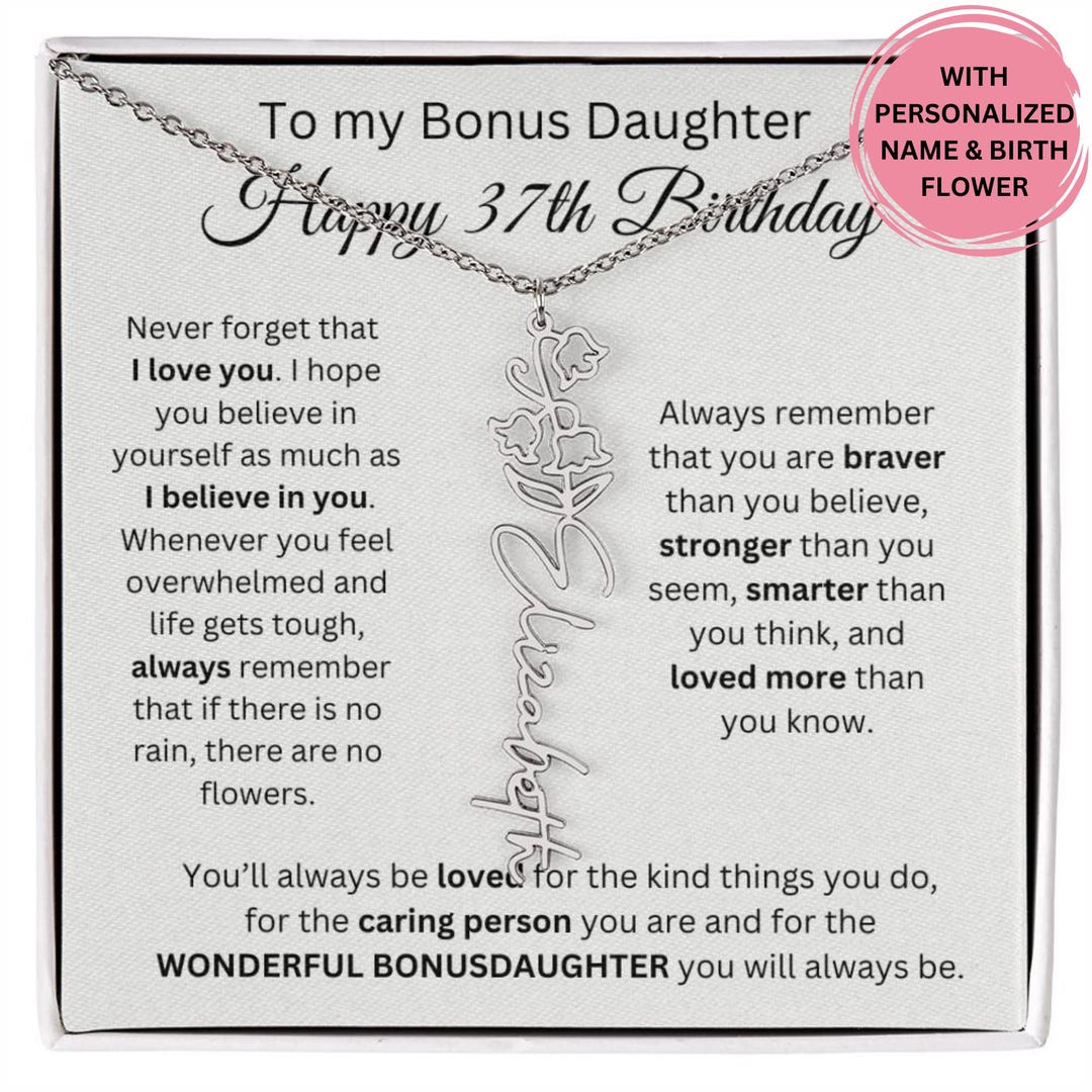37th Birthday to My Bonus Daughter Birth Month Flower Name Necklace ...