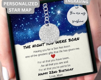 Llavero personalizado con mapa estelar para el 22º cumpleaños, regalo significativo de mamá a hijo para su 22º cumpleaños, regalo para él en su 22º cumpleaños.