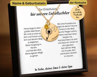Einschulung Geschenk Enkeltochter von Oma und Opa personalisierte Namenskette Pusteblume mit Geburtsstein Mädchen Kette Schulanfang