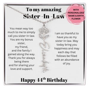 Cadeau de 44e anniversaire pour belle-sœur, collier fleur de naissance avec message, cadeau bijoux personnalisés pour belle-sœur d'anniversaire