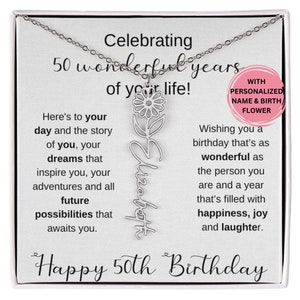 50th Birthday Gift For Women, 50th Birthday Birth Month Flower Necklace, 50th Personalized  Gift For Her, 50th Birthday Name Necklace