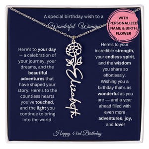 Cadeau du 43e anniversaire pour elle, collier prénom fleur de naissance avec carte, bijoux personnalisés pour femme, cadeau d'anniversaire collier prénom personnalisé