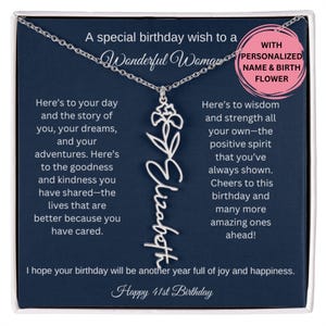 41st Birthday Birth Flower Necklace, 41st Birthday Card Name Necklace Set For Her Personalized 41st Birthday Gift Idea Sister Best Friend