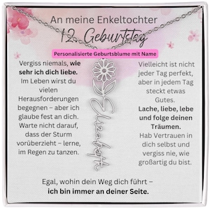 May include: A silver necklace featuring a flower pendant with the name "Elizabeth" in script. The necklace is presented on a white card with German text, including "12th Birthday" and a loving message of support and encouragement.
